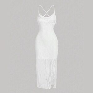 White Lace Mesh Asymmetrical Leg Slit Maxi Dress